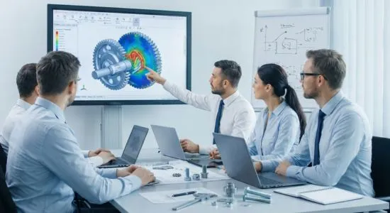 Engineers reviewing 3D gear simulation design